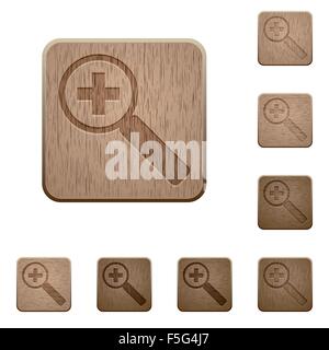 Set of carved wooden zoom in buttons. 8 variations included. Arranged layer structure. Stock Vector