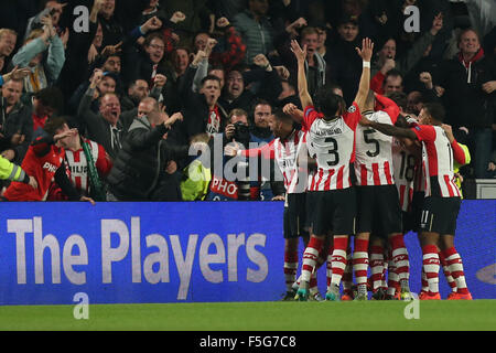 Eindhoven, The Netherlands. 03rd Nov, 2015. Eindhovens players celebrate after 2:0 during the UEFA Champions League Group B soccer match PSV Eindhoven and VfL Wolfsburg at the PSV Stadium in Eindhoven, The Netherlands, 03 November 2015. Photo: Maja Hitij/dpa/Alamy Live News Stock Photo