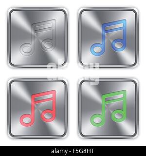 Color music icons engraved in glossy steel push buttons. Well organized layer structure, color swatches and graphic styles. Stock Vector