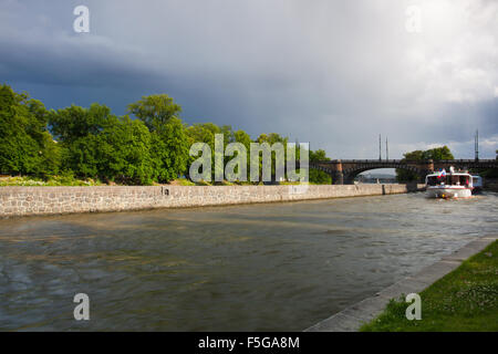 Prague, Czech Republic - July 23,2015 : Sightseeing boat in the shipping lock before heavy storm. Stock Photo