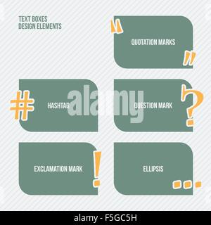 set of text boxes with quotation, question, exclamation marks, ellipsis and hashtag symbol. vector banner template Stock Vector