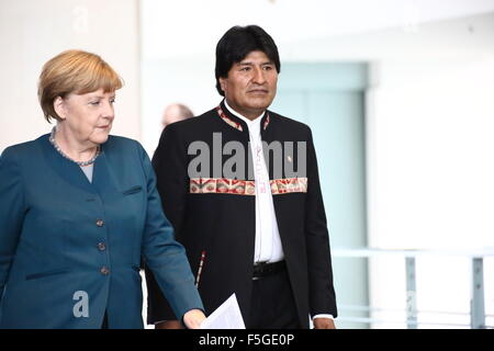 Berlin, Germany. 04th Nov, 2015. Bolivian President Juan Evo Morales Ayma meets Chancellor Angela Merkel for official visit to Germany, received with military honours at Credit:  Jakob Ratz/Pacific Press/Alamy Live News Stock Photo