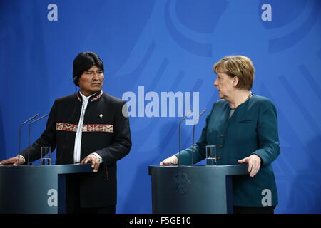 Berlin, Germany. 04th Nov, 2015. Bolivian President Juan Evo Morales Ayma meets Chancellor Angela Merkel for official visit to Germany, received with military honours at Credit:  Jakob Ratz/Pacific Press/Alamy Live News Stock Photo