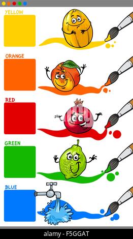 Cartoon Illustration of Main Colors with Funny Fruits Educational Set for Preschool Kids Stock Vector