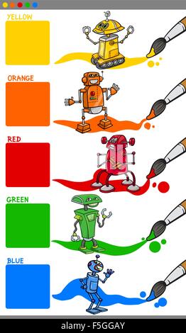 Cartoon Illustration of Primary Colors with Robot Characters Educational Set for Preschool Children Stock Vector