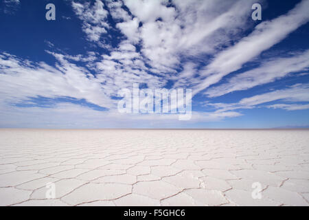Honeycomb structure on Salar de Uyuni, salt flat, clouds, Altiplano, Lipez, Bolivia Stock Photo