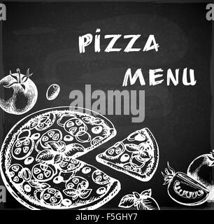 Vintage hand drawn pizza menu on a chalkboard Stock Photo