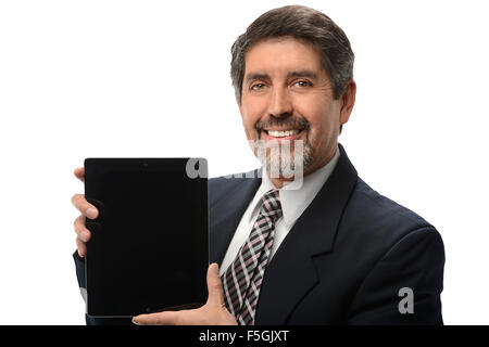 Hispanic businessman using electronic tablet isolated over white background Stock Photo