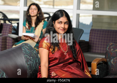 Young woman dressed in traditional Indian clothing inside college campus Stock Photo