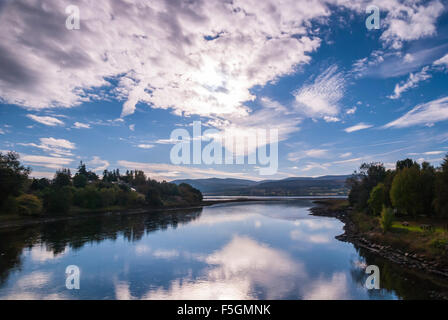 The clouds reflected in the Kyle of Sutherland at Bonar Bridge, Sutherland, Scotland Stock Photo