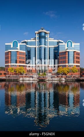 Quay West. Media City. Salford Quays with reflections in the water. Stock Photo