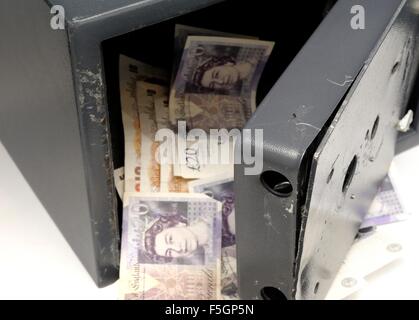 A small home safe broken open showing cash left inside after a break i