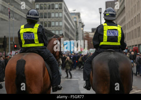 London, UK. 4th November, 2015. A student protest in central London against fees and many other issues. Mounted police near Westminster. copyright Carol Moir/Alamy Live News Stock Photo