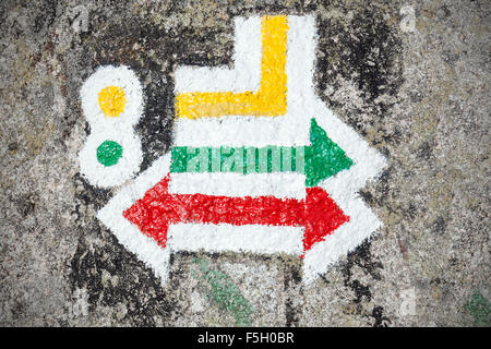 Hiking trails signs painted on rock. Stock Photo