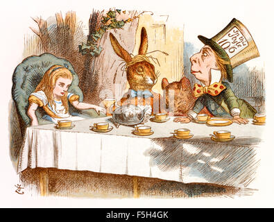 The Mad Tea Party, from 'The Nursery “Alice'', an shortened adaptation of ‘Alice’s Adventures in Wonderland’ aimed at under-fives written by Lewis Carroll (1832-1898) himself. This edition contains 20 selected illustrations by Sir John Tenniel (1820-1914) from the original book which were enlarged and coloured by Emily Gertrude Thomson (1850-1929). See description for more information.