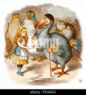 The Caucus-Race, Alice hands over her elegant thimble to the Dodo, from 'The Nursery “Alice'', an shortened adaptation of ‘Alice’s Adventures in Wonderland’ aimed at under-fives written by Lewis Carroll (1832-1898) himself. This edition contains 20 selected illustrations by Sir John Tenniel (1820-1914) from the original book which were enlarged and coloured by Emily Gertrude Thomson (1850-1929). See description for more information. Stock Photo