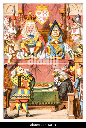 Frontispiece showing the court scene with King and Queen of Hearts presiding, from 'The Nursery “Alice'', an shortened adaptation of ‘Alice’s Adventures in Wonderland’ aimed at under-fives written by Lewis Carroll (1832-1898) himself. This edition contains 20 selected illustrations by Sir John Tenniel (1820-1914) from the original book which were enlarged and coloured by Emily Gertrude Thomson (1850-1929). See description for more information. Stock Photo