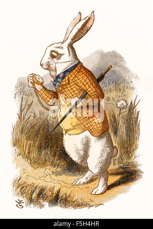 The White Rabbit checks his pocket watch, from 'The Nursery “Alice'', an shortened adaptation of ‘Alice’s Adventures in Wonderland’ aimed at under-fives written by Lewis Carroll (1832-1898) himself. This edition contains 20 selected illustrations by Sir John Tenniel (1820-1914) from the original book which were enlarged and coloured by Emily Gertrude Thomson (1850-1929). See description for more information.