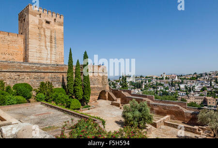 Spain, Andalusia, Province of Granada, Alhambra de Granada, Alcazaba, view of the Torre Homenaje from the Square of the Cisterns Stock Photo