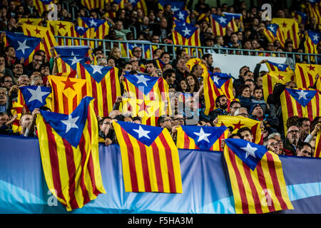 Barcelona, Spain. 4th November, 2015. FC Barcelona fans exhibit the 'estelada' flag at the beginning of the Champions League match between FC Barcelona and FC BATE Borisov at the Camp Nou stadium in Barcelona Credit:  matthi/Alamy Live News Stock Photo