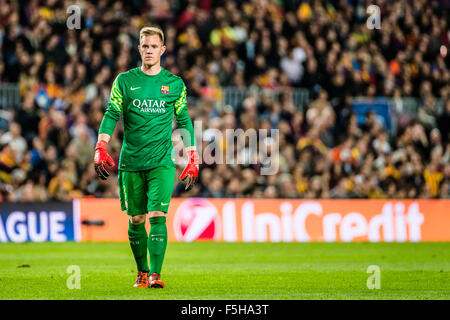 Barcelona, Spain. 4th November, 2015. FC Barcelona's goalkeeper TER STEGEN overlooks the field in the Champions League match between FC Barcelona and FC BATE Borisov at the Camp Nou stadium in Barcelona Credit:  matthi/Alamy Live News Stock Photo