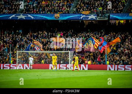 Barcelona, Spain. 4th November, 2015. FC Barcelona fans celebrate their teams first goal during the Champions League match between FC Barcelona and FC BATE Borisov at the Camp Nou stadium in Barcelona Credit:  matthi/Alamy Live News Stock Photo