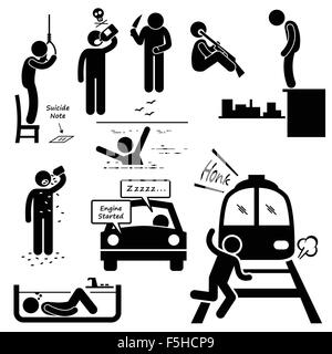 Suicidal Commit Suicide Methods Stick Figure Pictogram Icons Stock Vector