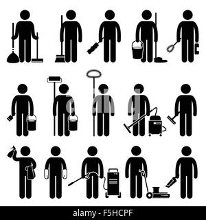 Gardener Man Worker using Gardening Tools and Equipments Stick Figure Pictogram Icons Stock Vector