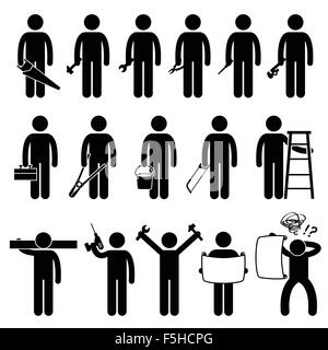 Handyman Worker using DIY work tools Stick Figure Pictogram Icons Stock Vector