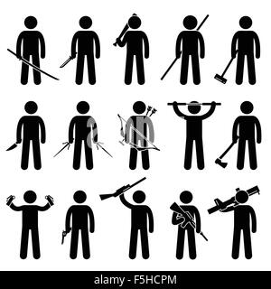 Man Holding and Using Weapons Stick Figure Pictogram Icons Stock Vector