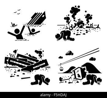 Disaster Accident Tragedy of Sinking Ship, Airplane Crash, Train Wreck, and Falling Cable Car Stick Figure Pictogram Icons Stock Vector