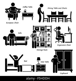 Home House Furniture Stick Figure Pictogram Icon Cliparts Stock Vector