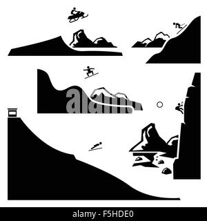 Extreme Sports - Snowmobiling, Skiing, Snowboarding, Ski Flying, Ice Climbing - Stick Figure Pictogram Icons Cliparts Stock Vector