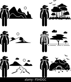 Explorer Adventure at Mountain Rainforest Desert Savanna River Cave Stick Figure Pictogram Icon Stock Vector