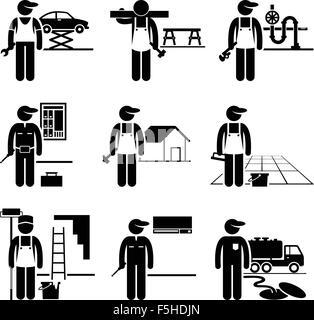 Handyman Labor Labour Skilled Jobs Occupations Careers - Car Mechanic, Carpenter, Plumber, Electrician, Roofer, Flooring, Painte Stock Vector