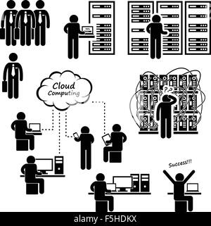 IT Engineer Technician Admin Computer Network Server Data Center Cloud Computing Stick Figure Pictogram Icon Stock Vector