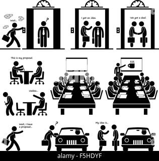 Business Proposal Idea Presentation Sales Elevator Pitch Investor Venture Capitalist Meeting Stick Figure Pictogram Icon Stock Vector