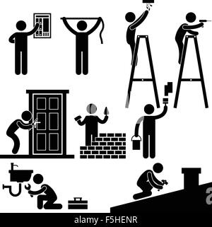 Handyman Electrician Locksmith Contractor Working Fixing Repair House Light Roof Icon Symbol Sign Pictogram Stock Vector
