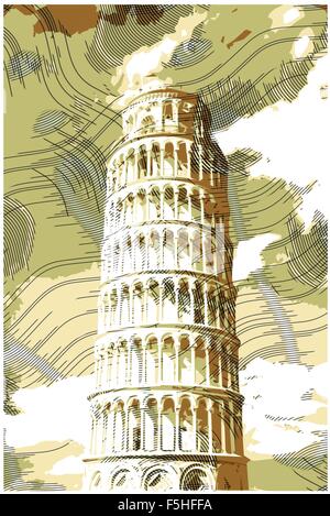 Famous pisan tower rendered with engraving effects. Stock Vector