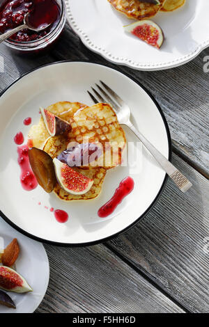 homemade pancakes with plums and figs, food Stock Photo