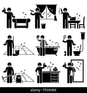 Man washing and cleaning house sofa, windows, wooden furniture, floor, bathtub, toilet bowl, kitchen, and mirror at home. Stock Vector