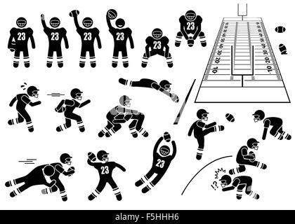 American Football Player Actions Poses Stick Figure Pictogram Icons Stock Vector