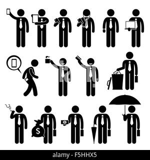 Business Man Businessman Holding Various Objects Stick Figure Pictogram Icons Stock Vector