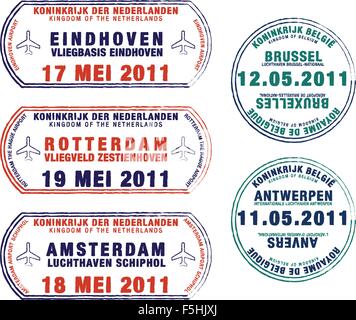 Passport stamps of Belgium and the Netherlands in vector format. Stock Vector