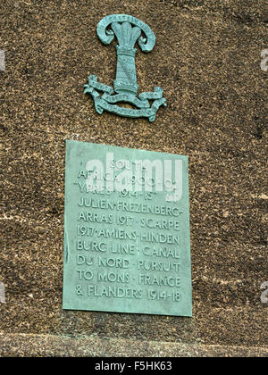 Commemorative inscriptions on metal plaque on Leicestershire Yeomanry war memorial in Bradgate Park, Leicestershire, England, UK Stock Photo