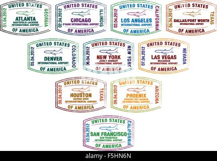 Passport stamps of major US airports in vector format. Stock Vector