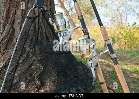 Fishing rods with reels and landing net on the natural background. Angler equipment - fishing rods, fishing feeder and landing n Stock Photo