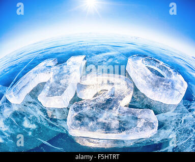 Chemical formula of water H2O made from ice on winter frozen lake Baikal Stock Photo