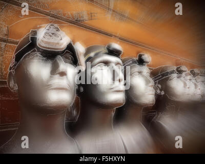 Dummies wearing headlamps, on display in an outdoor shop. Digital art and illustration. Stock Photo