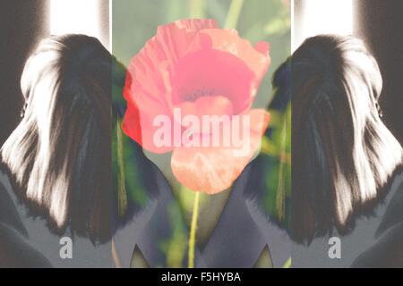 Textured double portrait of a woman viewed from the back with a red poppy in the middle. Digital art and illustration. Stock Photo